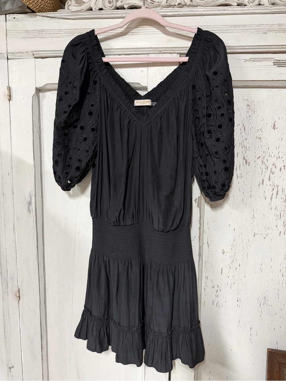 Ramy Brook Black Eyelet Puff-Sleeve Mini Dress